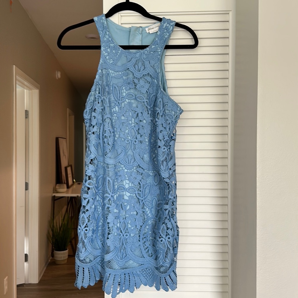 Lovers + Friends Caspian Crystal Blue Shift Dress Embroidery Lace Upper Hi-neck
